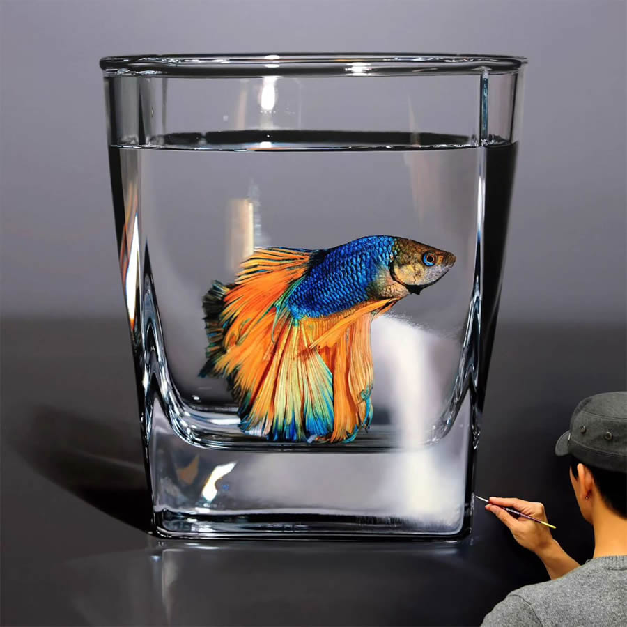 Hyperrealistic Fish in Glass and Water Vessels by Young-sung Kim