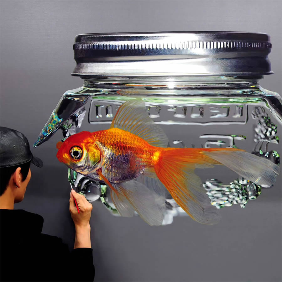 Hyperrealistic Fish in Glass and Water Vessels by Young-sung Kim