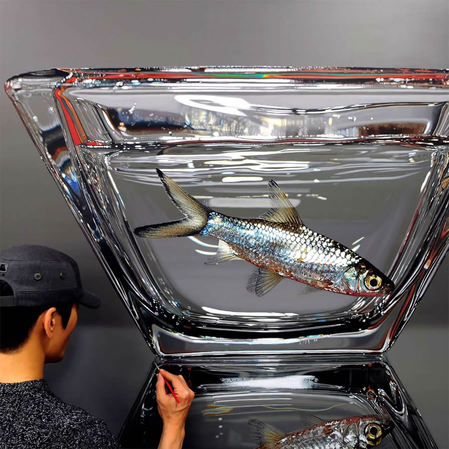 Hyperrealistic Fish in Glass and Water Vessels by Young-sung Kim