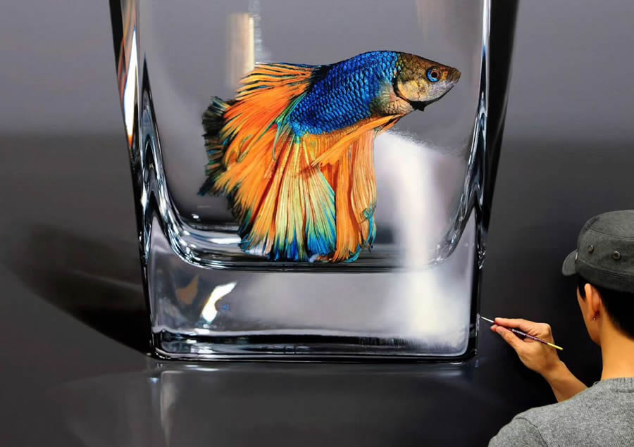 Hyperrealistic Fish in Glass and Water Vessels by Young-sung Kim