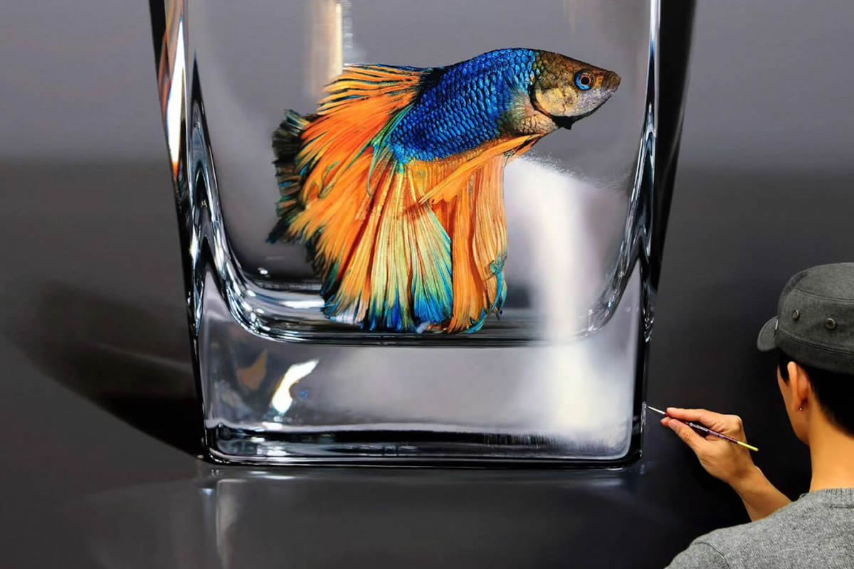 Hyperrealistic Fish in Glass and Water Vessels by Young-sung Kim